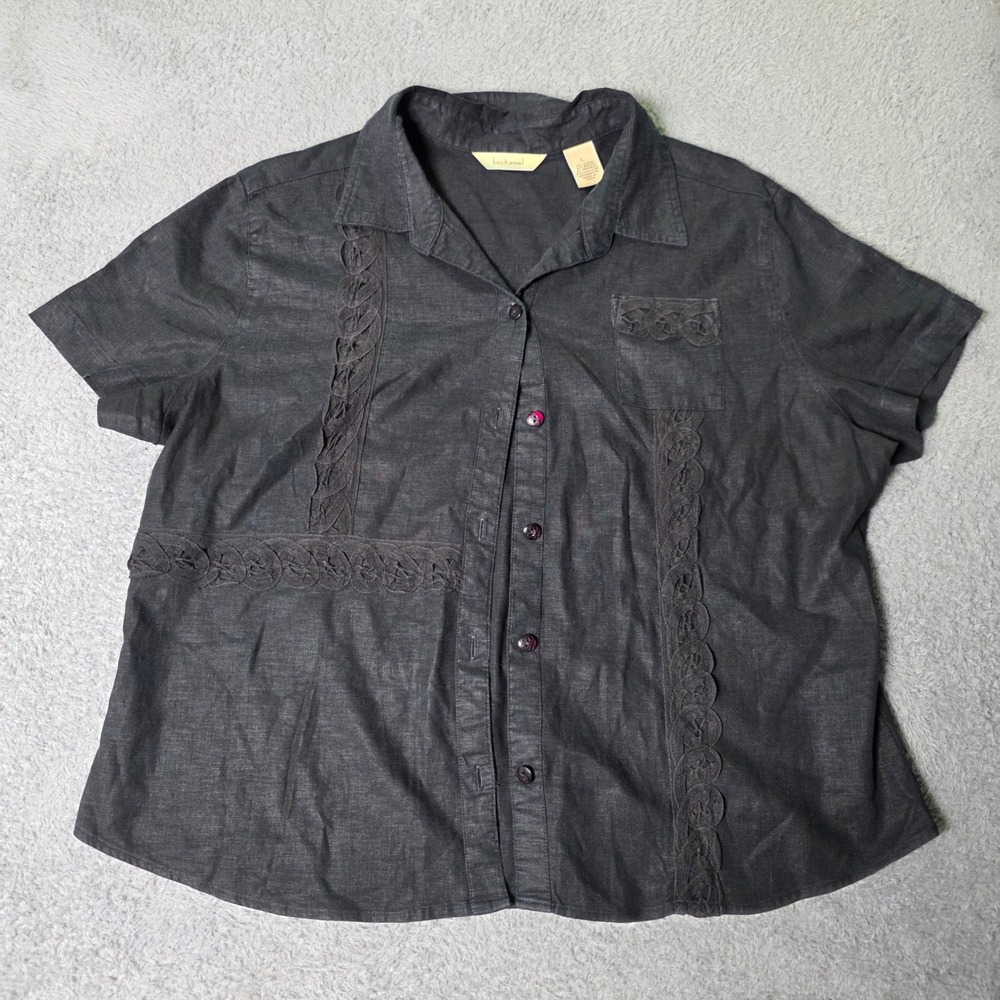 Bechamel Womens Large Shirt Dark Grey Linen Blend Lace Trim Short Sleeve Top